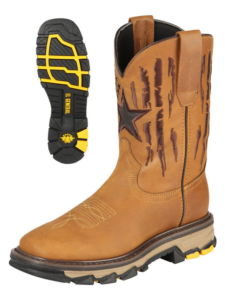 Men's Genuine Leather Pull - On Soft Toe Western Work Boots 'El General' Honey 44690 - BELLEZA'S - Men's Genuine Leather Pull - On Soft Toe Western Work Boots 'El General' Honey 44690 - Men's Work Boot - 04469001