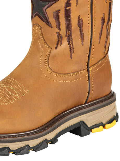 Men's Genuine Leather Pull - On Soft Toe Western Work Boots 'El General' Honey 44690 - BELLEZA'S - Men's Genuine Leather Pull - On Soft Toe Western Work Boots 'El General' Honey 44690 - Men's Work Boot - 04469001