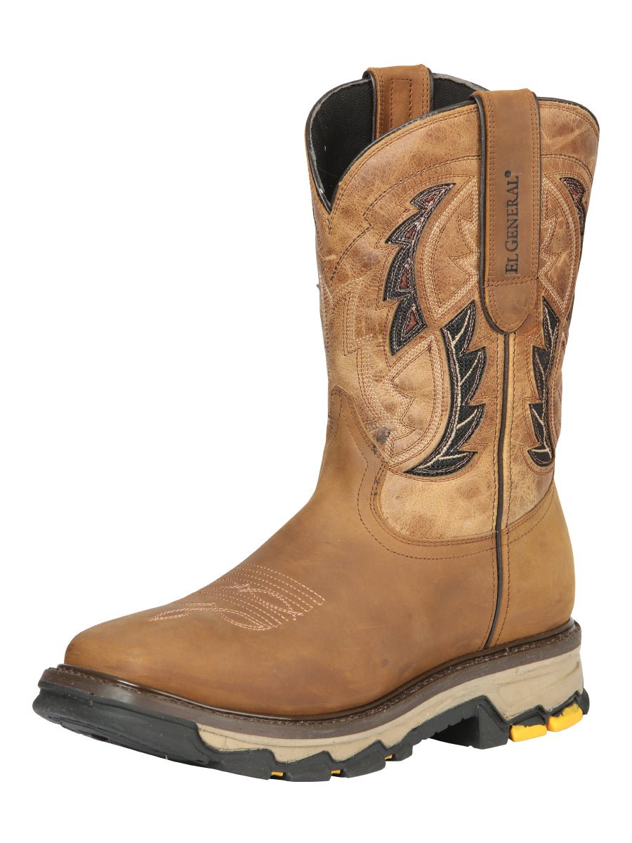 Men's Genuine Leather Pull - On Soft Toe Western Work Boots 'El General' Sand 44693 - BELLEZA'S - Men's Genuine Leather Pull - On Soft Toe Western Work Boots 'El General' Sand 44693 - Men's Work Boot - 04469301