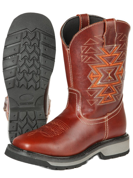 Men's Genuine Leather Pull - On Soft Toe Western Work Boots 'El General' Wine 51273 - BELLEZA'S - Men's Genuine Leather Pull - On Soft Toe Western Work Boots 'El General' Wine 51273 - Men's Work Boot - 05127301