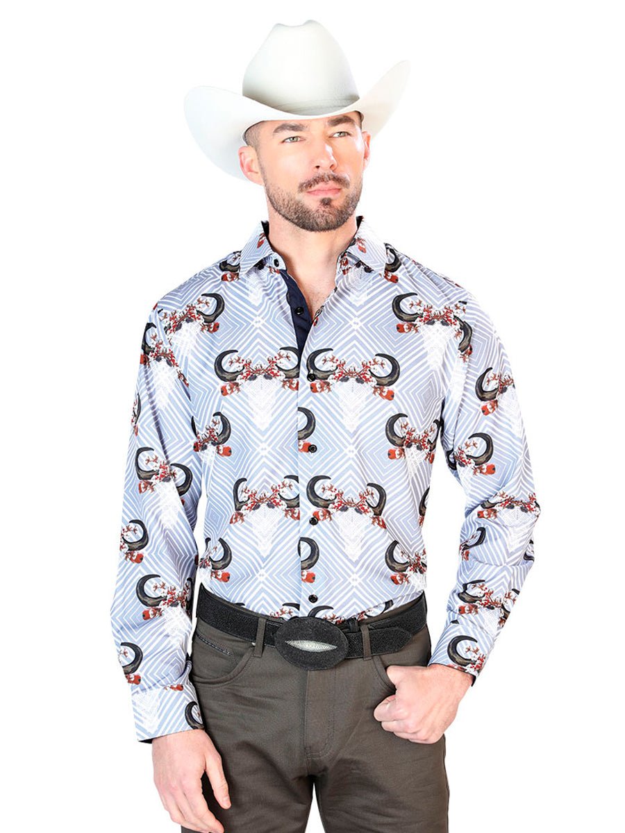 Men's Grey/Black Bull Skulls Print Long Sleeve Shirt 'El Señor de los Cielos' 43693 - BELLEZA'S - Men's Grey/Black Bull Skulls Print Long Sleeve Shirt 'El Señor de los Cielos' 43693 - Mens Shirt - 43693 S