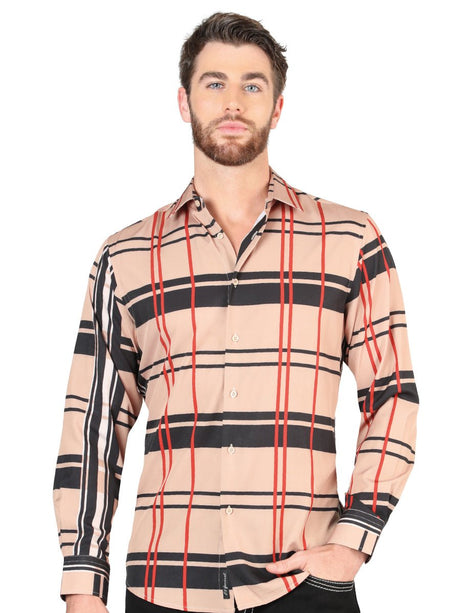 Men's Khaki Printed Long Sleeve Western Shirt 'El Señor de los Cielos' 44599 - BELLEZA'S - Men's Khaki Printed Long Sleeve Western Shirt 'El Señor de los Cielos' 44599 - Men's Shirt - 04459901