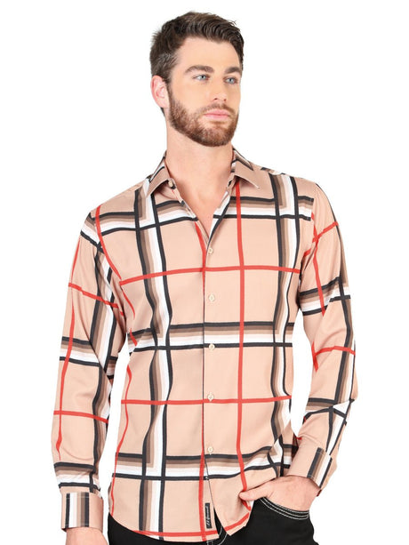 Men's Khaki Printed Long Sleeve Western Shirt 'El Señor de los Cielos' 44604 - BELLEZA'S - Men's Khaki Printed Long Sleeve Western Shirt 'El Señor de los Cielos' 44604 - Men's Shirt - 04460401