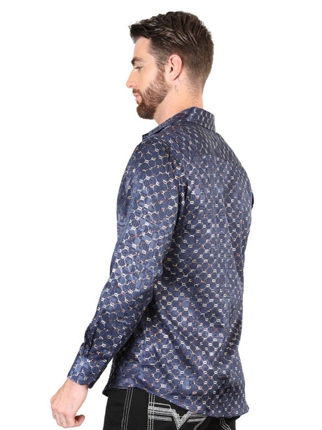 Men's Navy/Gold Printed Long Sleeve Western Shirt 'El Señor de los Cielos' 44548 - BELLEZA'S - Men's Navy/Gold Printed Long Sleeve Western Shirt 'El Señor de los Cielos' 44548 - Men's Shirt - 04454801