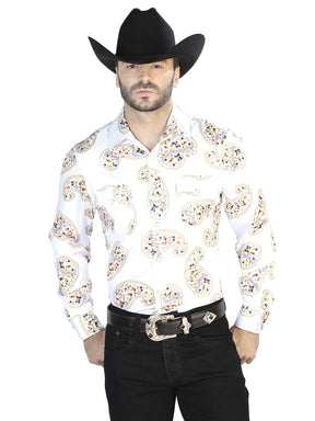 Men's Off White/Gold Print Long Sleeve Snap Western Shirt 'El Señor de los Cielos' 44064 - BELLEZA'S - Men's Off White/Gold Print Long Sleeve Snap Western Shirt 'El Señor de los Cielos' 44064 - Men's Shirt - 04406401