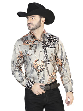 Men's Taupe Print Casual Long Sleeve Western Shirt 'El Señor de los Cielos' 44102 - BELLEZA'S - Men's Taupe Print Casual Long Sleeve Western Shirt 'El Señor de los Cielos' 44102 - Men's Shirt - 04410201