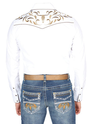 Men's White Embroidered Long Sleeve Western Shirt 'El General' White/Gold 44295 - BELLEZA'S - Men's White Embroidered Long Sleeve Western Shirt 'El General' White/Gold 44295 - Men's Shirt - 04429501