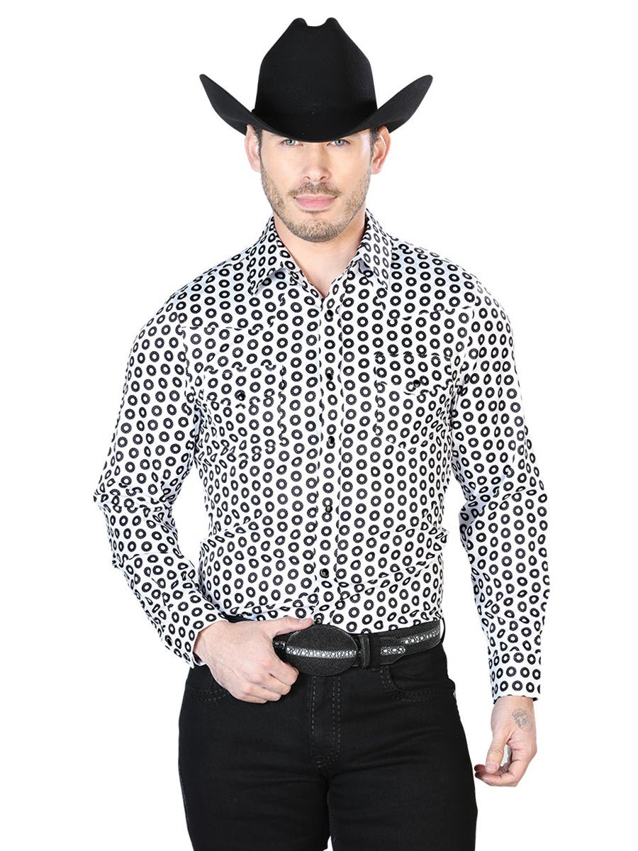 Men's White/Black Printed Long Sleeve Western Shirt 'El Señor de los Cielos' 43938 - BELLEZA'S - Men's White/Black Printed Long Sleeve Western Shirt 'El Señor de los Cielos' 43938 - Men's Shirt - 04393801