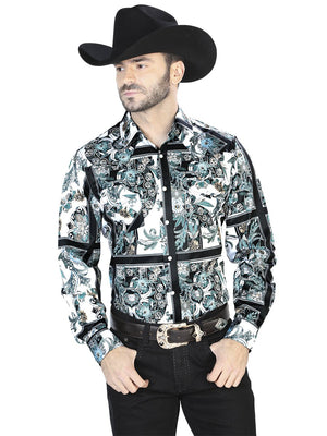 Men's White/BlackPrinted Long Sleeve Western Shirt 'El Señor de los Cielos' 44082 - BELLEZA'S - Men's White/BlackPrinted Long Sleeve Western Shirt 'El Señor de los Cielos' 44082 - Mens Shirt - 04408201