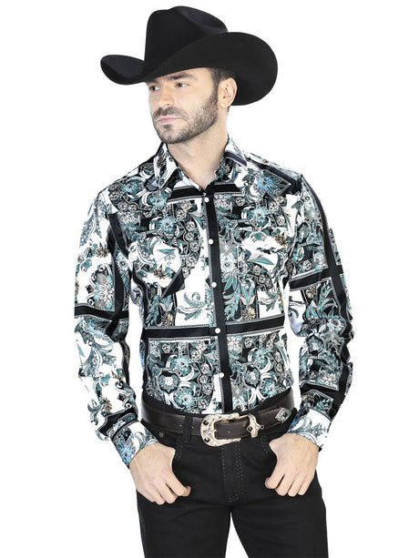 Men's White/BlackPrinted Long Sleeve Western Shirt 'El Señor de los Cielos' 44082 - BELLEZA'S - Men's White/BlackPrinted Long Sleeve Western Shirt 'El Señor de los Cielos' 44082 - Mens Shirt - 04408201
