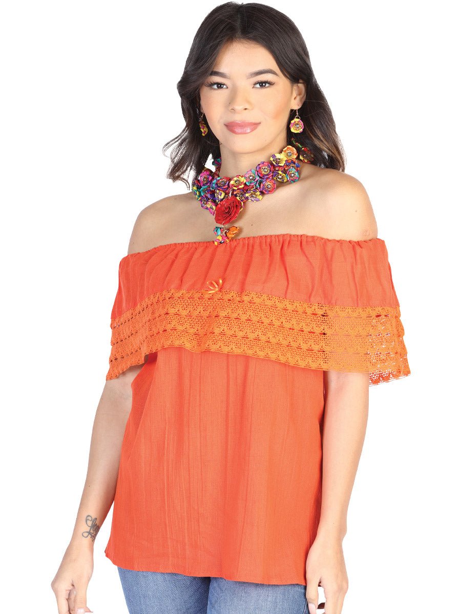 Mexican Artisanal Blouse 50% Cotton, %50 Polyester Orange 602512 - BELLEZA'S - Mexican Artisanal Blouse 50% Cotton, %50 Polyester Orange 602512 - DAMA - 60251201