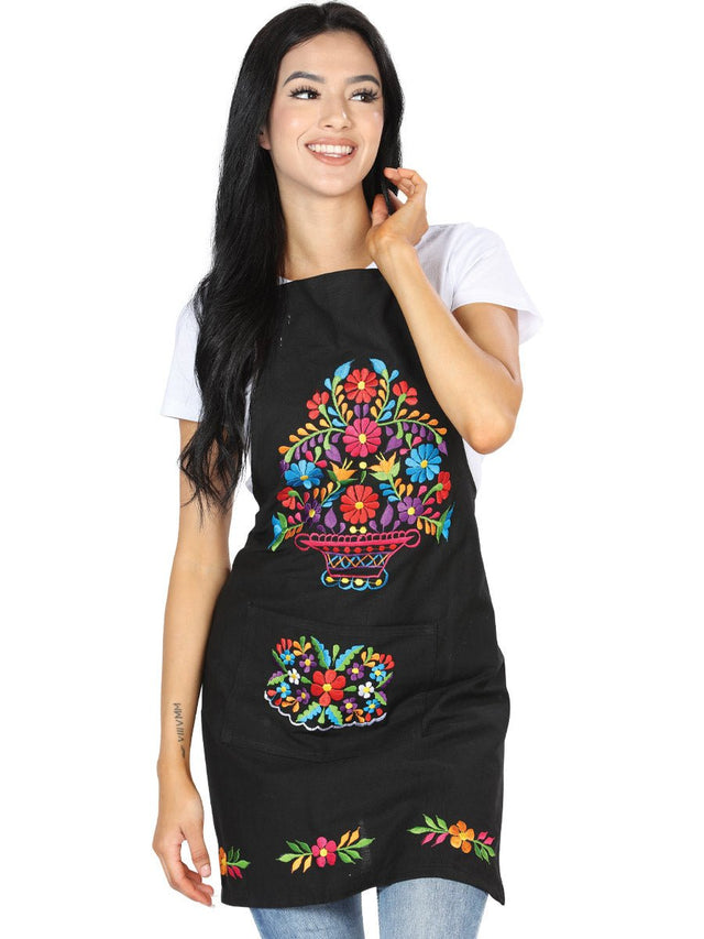 Mexican Artisanal Embroidered Apron 100% Cotton Black 603156 - BELLEZA'S - Mexican Artisanal Embroidered Apron 100% Cotton Black 603156 - DAMA - 60315601
