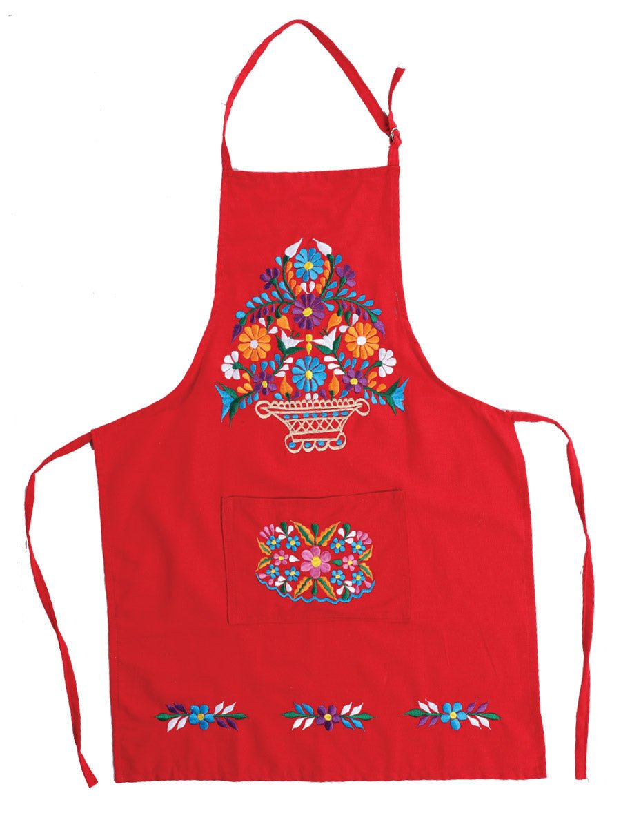 Mexican Artisanal Embroidered Apron 100% Cotton Red 603157 - BELLEZA'S - Mexican Artisanal Embroidered Apron 100% Cotton Red 603157 - DAMA - 60315701