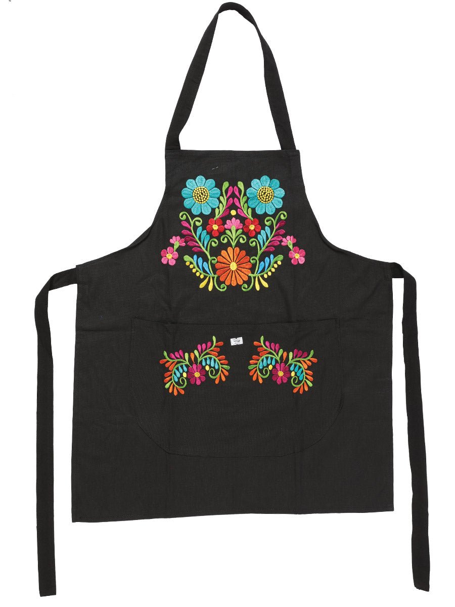Mexican Artisanal Embroidered Apron 50% Cotton, %50 Polyester Bllack 603197 - BELLEZA'S - Mexican Artisanal Embroidered Apron 50% Cotton, %50 Polyester Bllack 603197 - DAMA - 60319701