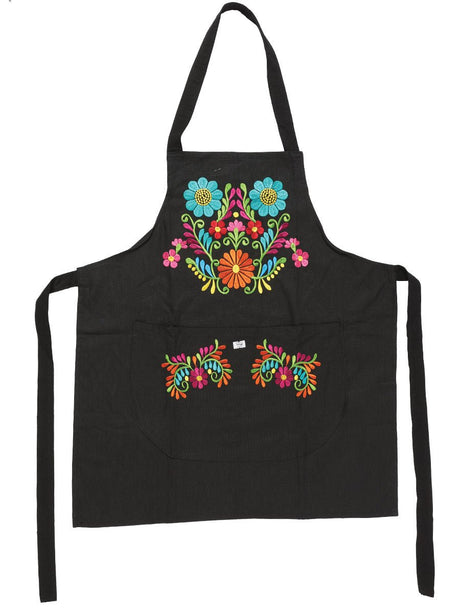 Mexican Artisanal Embroidered Apron 50% Cotton, %50 Polyester Bllack 603197 - BELLEZA'S - Mexican Artisanal Embroidered Apron 50% Cotton, %50 Polyester Bllack 603197 - DAMA - 60319701