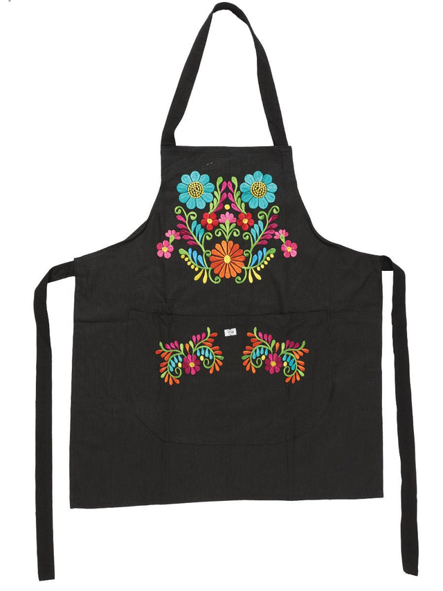 Mexican Artisanal Embroidered Apron 50% Cotton, %50 Polyester Bllack 603197 - BELLEZA'S - Mexican Artisanal Embroidered Apron 50% Cotton, %50 Polyester Bllack 603197 - DAMA - 60319701
