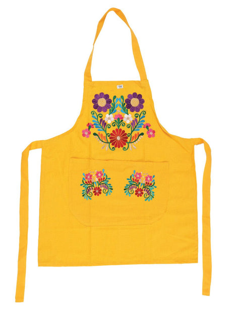Mexican Artisanal Embroidered Apron 50% Cotton, %50 Polyester Yellow 603198 - BELLEZA'S - Mexican Artisanal Embroidered Apron 50% Cotton, %50 Polyester Yellow 603198 - DAMA - 60319801