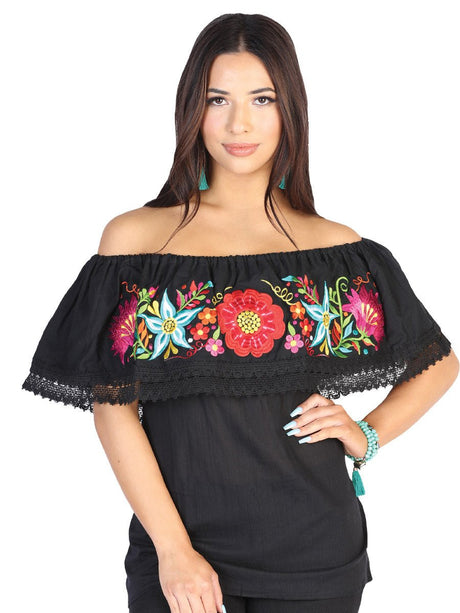 Mexican Embroidered Blouse 50% Cotton, %50 Polyester Black 602473 - BELLEZA'S - Mexican Embroidered Blouse 50% Cotton, %50 Polyester Black 602473 - DAMA - 60247301