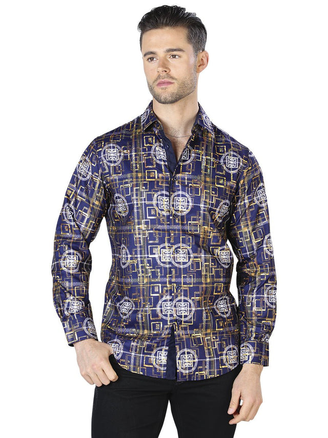 Navy And Gold Casual Long Sleeve Shirt 44014 - BELLEZA'S - Navy And Gold Casual Long Sleeve Shirt 44014 - CABALLERO - 04401401