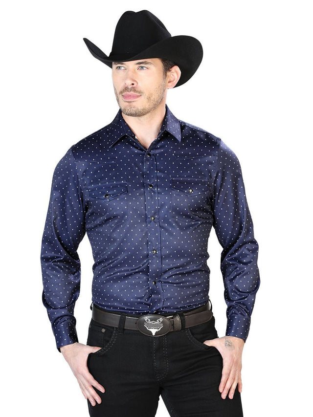 Navy And White Casual Long Sleeve Shirt 43965 - BELLEZA'S - Navy And White Casual Long Sleeve Shirt 43965 - Men's Shirt - 04396501