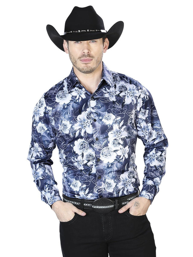 Navy Floral Print Casual Long Sleeve Shirt 43990 - BELLEZA'S - Navy Floral Print Casual Long Sleeve Shirt 43990 - CABALLERO - 04399001