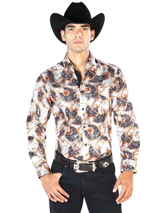 Off White And Gold Casual Long Sleeve Shirt 43566 - BELLEZA'S - Off White And Gold Casual Long Sleeve Shirt 43566 - CABALLERO - 04356601