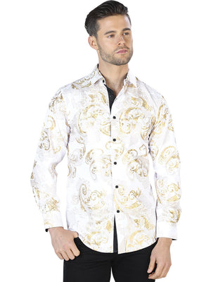 Off White And Gold Casual Long Sleeve Shirt 44041 - BELLEZA'S - Off White And Gold Casual Long Sleeve Shirt 44041 - Mens Shirt - 04404101