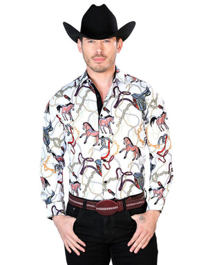 Off White Horse Print Casual Long Sleeve Shirt 43701 - BELLEZA'S - Off White Horse Print Casual Long Sleeve Shirt 43701 - CABALLERO - 04370101