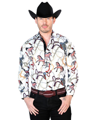 Off White Horse Print Casual Long Sleeve Shirt 43701 - BELLEZA'S - Off White Horse Print Casual Long Sleeve Shirt 43701 - CABALLERO - 04370101