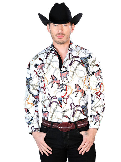 Off White Horse Print Casual Long Sleeve Shirt 43701 - BELLEZA'S - Off White Horse Print Casual Long Sleeve Shirt 43701 - CABALLERO - 04370101