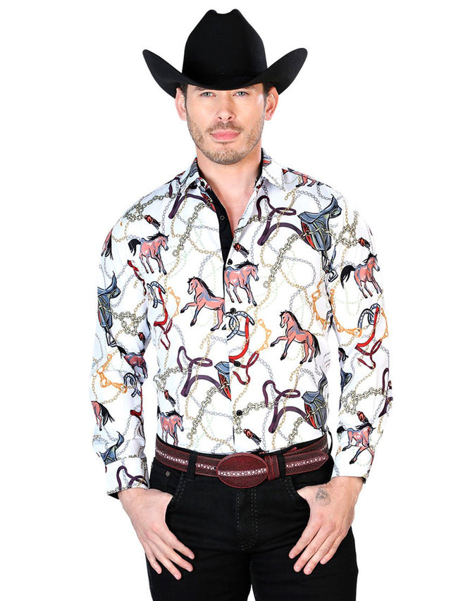 Off White Horse Print Casual Long Sleeve Shirt 43701 - BELLEZA'S - Off White Horse Print Casual Long Sleeve Shirt 43701 - CABALLERO - 04370101