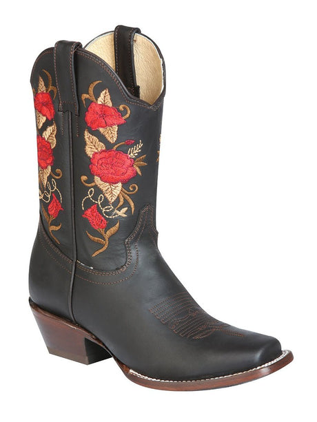 Rodeo Cowboy Boots with Flower Embroidered Tube Genuine Leather for Women 'El General' *CHOCO-43663* - BELLEZA'S - Rodeo Cowboy Boots with Flower Embroidered Tube Genuine Leather for Women 'El General' *CHOCO-43663* - Botas Para Damas - 43663 5
