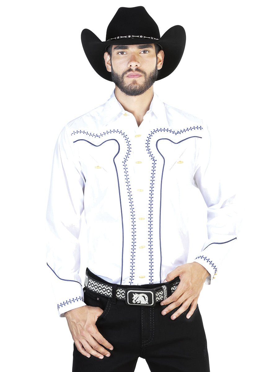 White And Blue Charro Long Sleeve Shirt 42549 - BELLEZA'S - White And Blue Charro Long Sleeve Shirt 42549 - CABALLERO - 04254901
