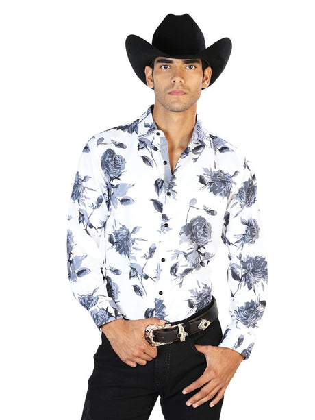 White And Gray Rose Print Casual Long Sleeve Shirt 43559 - BELLEZA'S - White And Gray Rose Print Casual Long Sleeve Shirt 43559 - CABALLERO - 04355901