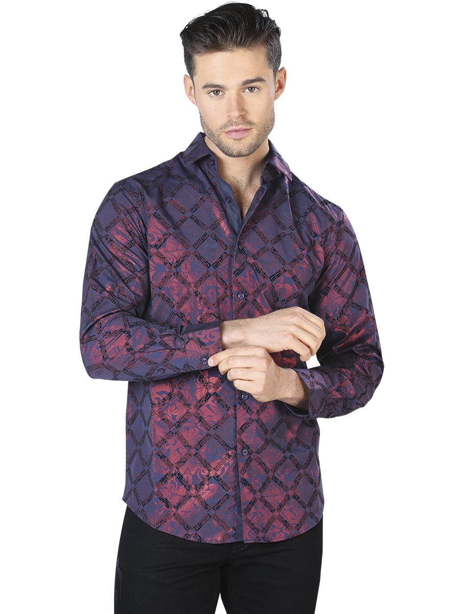 Wine And Black Casual Long Sleeve Shirt 44056 - BELLEZA'S - Wine And Black Casual Long Sleeve Shirt 44056 - Mens Shirt - 04405601