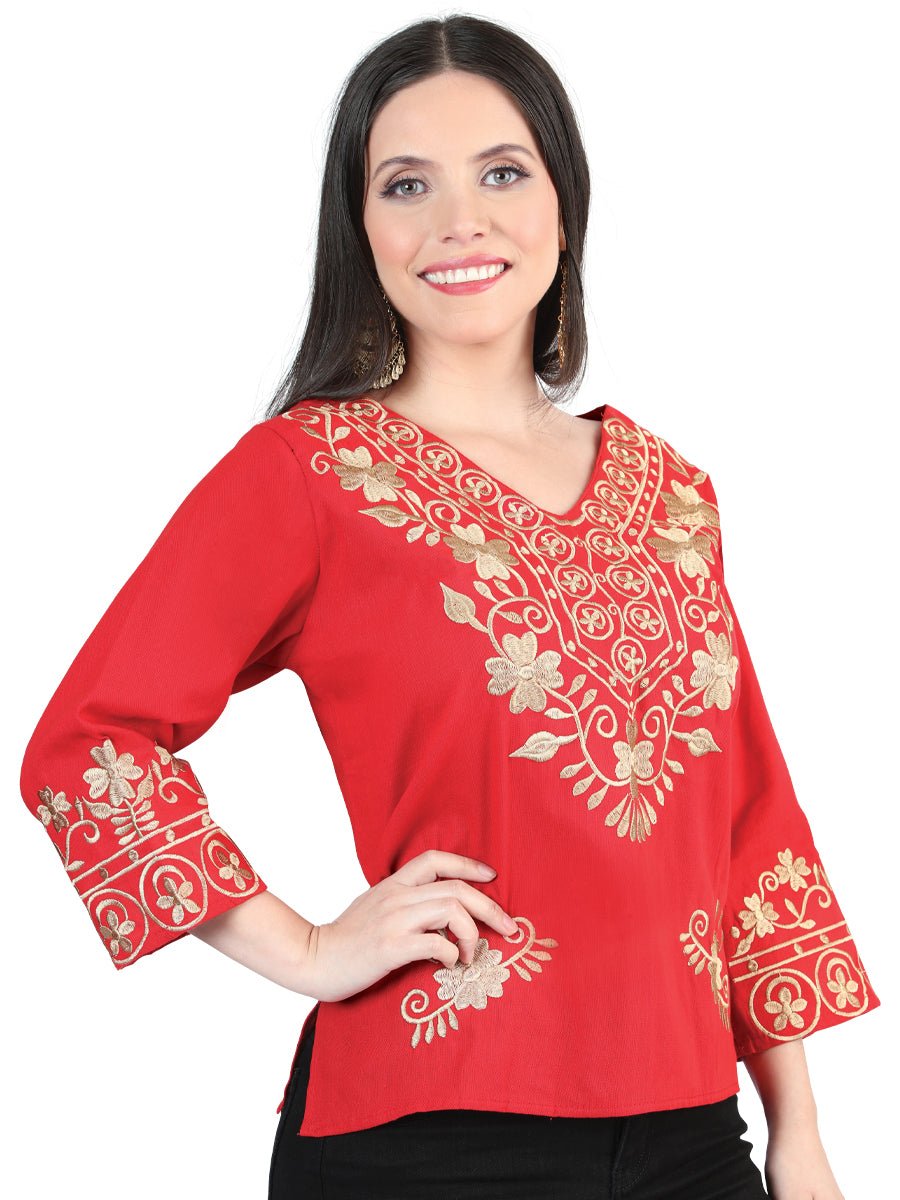 Women’s 3/4 Sleeve Floral Embroidered Artisanal Blouse Red 603964 - BELLEZA'S - Women’s 3/4 Sleeve Floral Embroidered Artisanal Blouse Red 603964 - Women's Blouse - 60396401