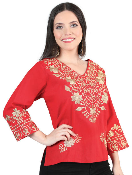 Women’s 3/4 Sleeve Floral Embroidered Artisanal Blouse Red 603964 - BELLEZA'S - Women’s 3/4 Sleeve Floral Embroidered Artisanal Blouse Red 603964 - Women's Blouse - 60396401