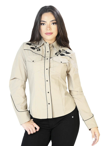 Women’s Beige Floral Embroidered Long Sleeve Western Shirt 'El Señor de los Cielos' 42969 - BELLEZA'S - Women’s Beige Floral Embroidered Long Sleeve Western Shirt 'El Señor de los Cielos' 42969 - Women's Shirt - 04296901