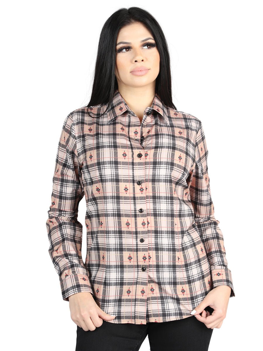 Women’s Beige/Black Plaid Print Long Sleeve Western Shirt 'El Señor de los Cielos' 44715 - BELLEZA'S - Women’s Beige/Black Plaid Print Long Sleeve Western Shirt 'El Señor de los Cielos' 44715 - Women's Shirt - 04471501