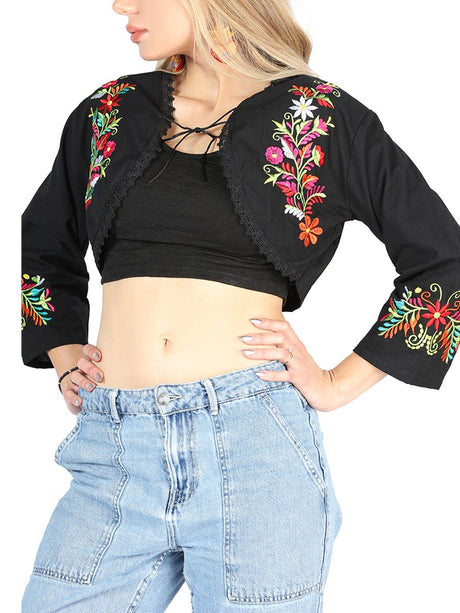 Women's Blouse Mexican Artisanal Embroidered Torera 100% Cotton Black 604052 - BELLEZA'S - Women's Blouse Mexican Artisanal Embroidered Torera 100% Cotton Black 604052 - Women's Blouse - 60405201