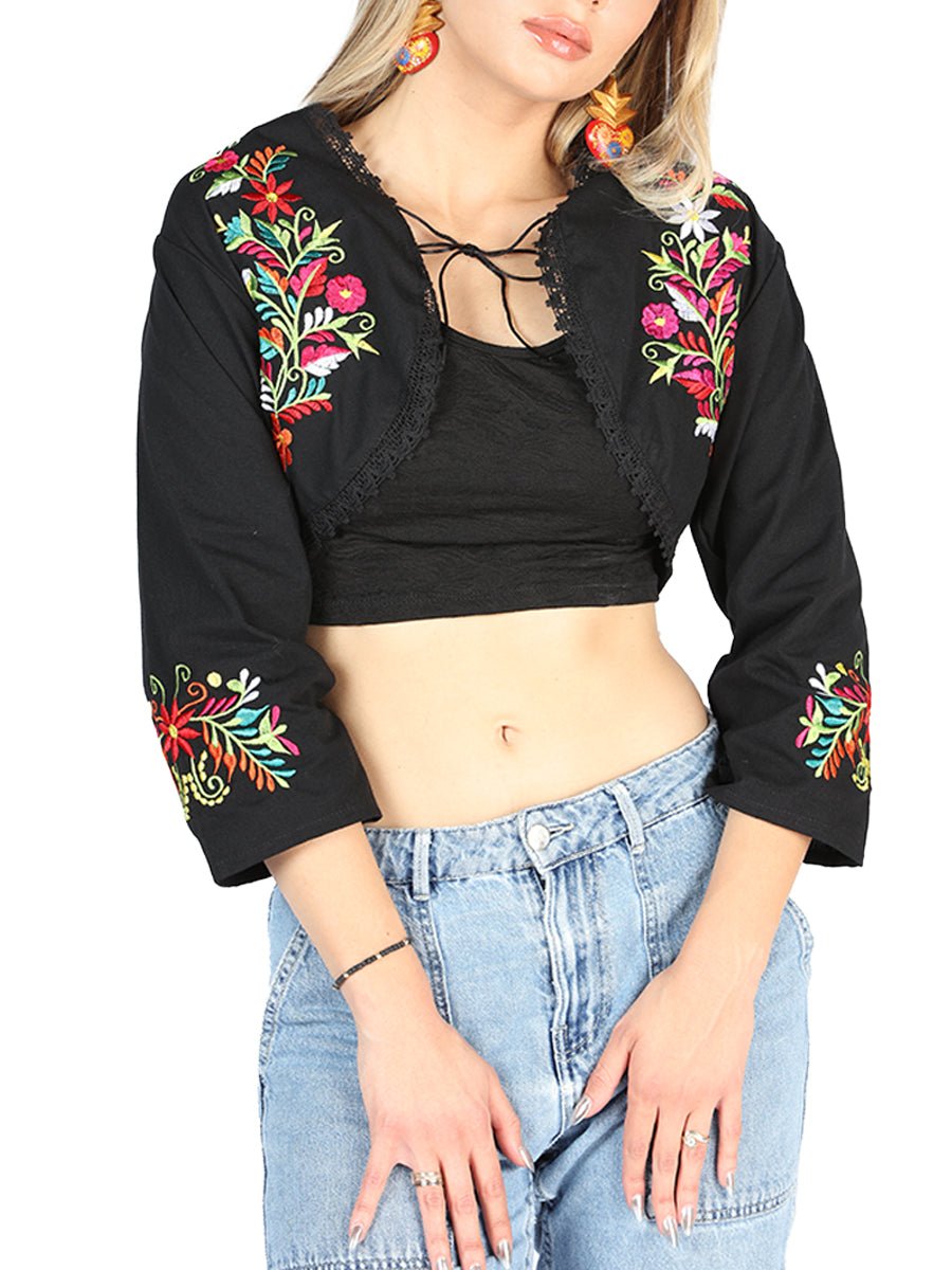 Women's Blouse Mexican Artisanal Embroidered Torera 100% Cotton Black 604052 - BELLEZA'S - Women's Blouse Mexican Artisanal Embroidered Torera 100% Cotton Black 604052 - Women's Blouse - 60405201