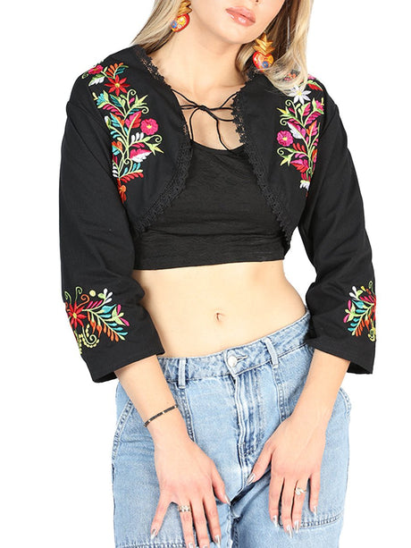 Women's Blouse Mexican Artisanal Embroidered Torera 100% Cotton Black 604052 - BELLEZA'S - Women's Blouse Mexican Artisanal Embroidered Torera 100% Cotton Black 604052 - Women's Blouse - 60405201