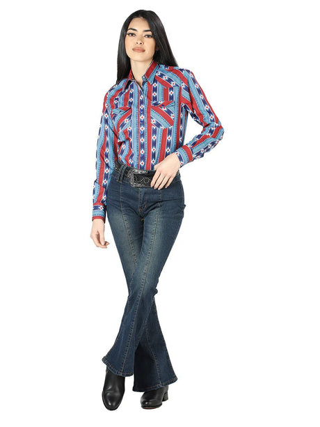Women’s Blue Print Long Sleeve Western Shirt 'El Señor de los Cielos' 44213 - BELLEZA'S - Women’s Blue Print Long Sleeve Western Shirt 'El Señor de los Cielos' 44213 - Women's Shirt - 04421301