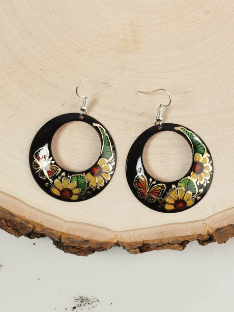 Women's Copper Artisanal Hand Painted Monarch Flowers Earring 1.5" Black 603449 - BELLEZA'S - Women's Copper Artisanal Hand Painted Monarch Flowers Earring 1.5" Black 603449 - Women's Earrings - 60344901