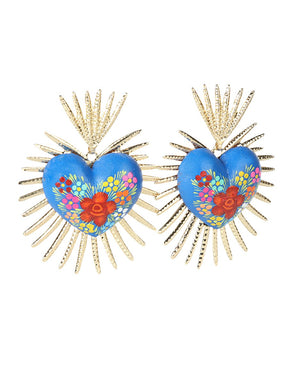 Women's Earrings Artisanal Hand Painted Sacred Heart Wood/Veneer Blue 603971 - BELLEZA'S - Women's Earrings Artisanal Hand Painted Sacred Heart Wood/Veneer Blue 603971 - Women's Earrings - 60397101