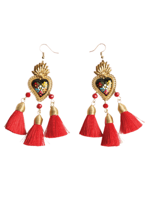 Women's Earrings Artisanal Hand Painted Wood Silk Thread Red 603973 - BELLEZA'S - Women's Earrings Artisanal Hand Painted Wood Silk Thread Red 603973 - Women's Earrings - 60397301