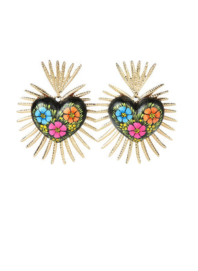 Women's Earrings Gold Artisanal Hand Painted Sacred Heart Wood/Veneer 603972 - BELLEZA'S - Women's Earrings Gold Artisanal Hand Painted Sacred Heart Wood/Veneer 603972 - Women's Earrings - 60397201