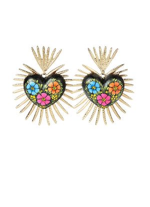Women's Earrings Gold Artisanal Hand Painted Sacred Heart Wood/Veneer 603972 - BELLEZA'S - Women's Earrings Gold Artisanal Hand Painted Sacred Heart Wood/Veneer 603972 - Women's Earrings - 60397201