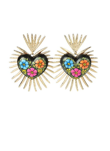 Women's Earrings Gold Artisanal Hand Painted Sacred Heart Wood/Veneer 603972 - BELLEZA'S - Women's Earrings Gold Artisanal Hand Painted Sacred Heart Wood/Veneer 603972 - Women's Earrings - 60397201