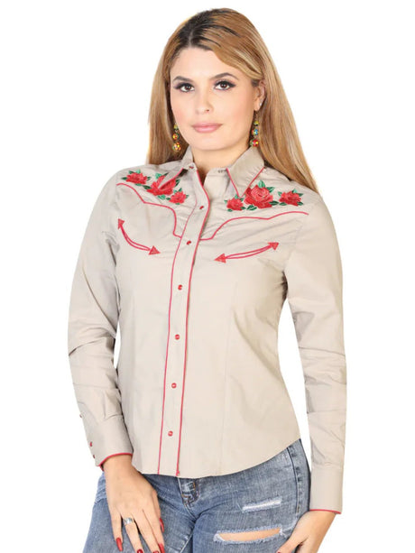 Women’s Khaki Floral Embroidered Long Sleeve Western Shirt 'El Señor de los Cielos' 42963 - BELLEZA'S - Women’s Khaki Floral Embroidered Long Sleeve Western Shirt 'El Señor de los Cielos' 42963 - Women's Shirt - 04296301